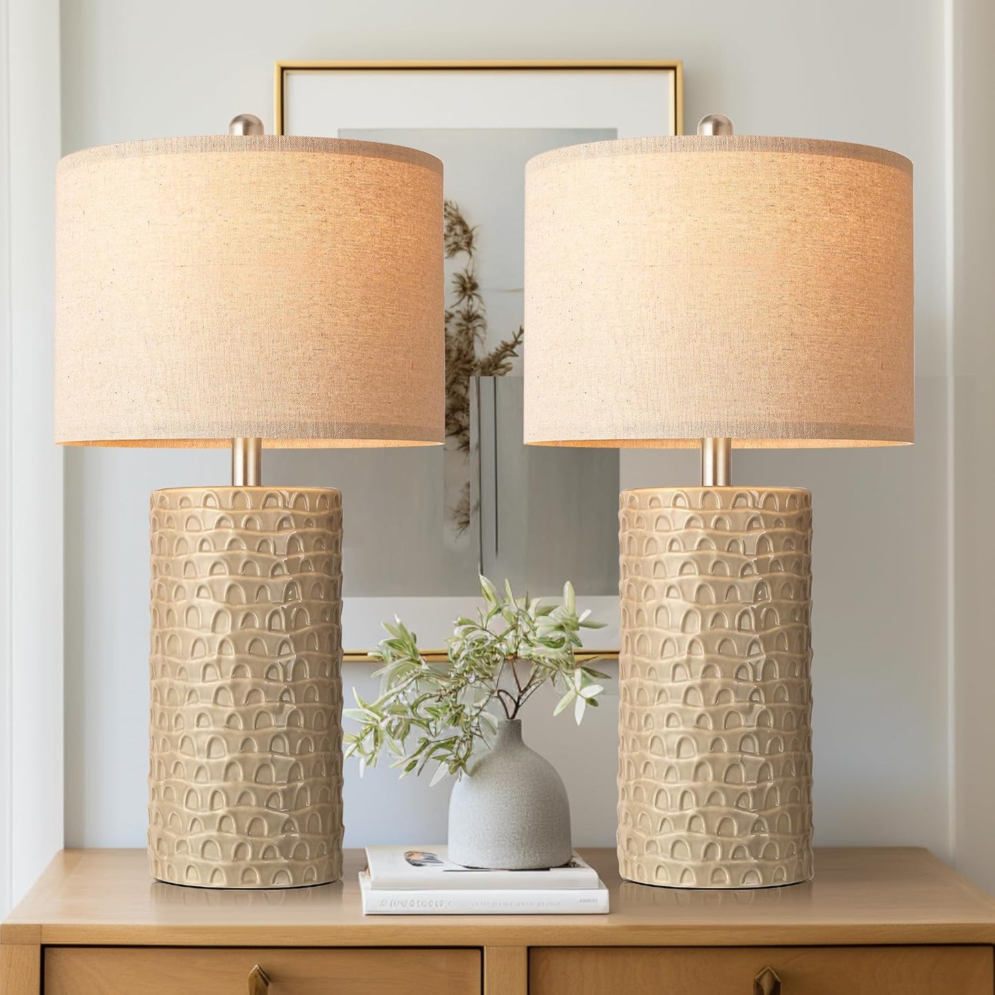 PARTPHONER 23" Modern Ceramic Table Lamp Set of 2, Table Lamps for Living Room, Rustic Farmhouse Bedside Lamps Nightstand lamp for Bedroom, White Desk Lamp for End Table Home Decor Beige
