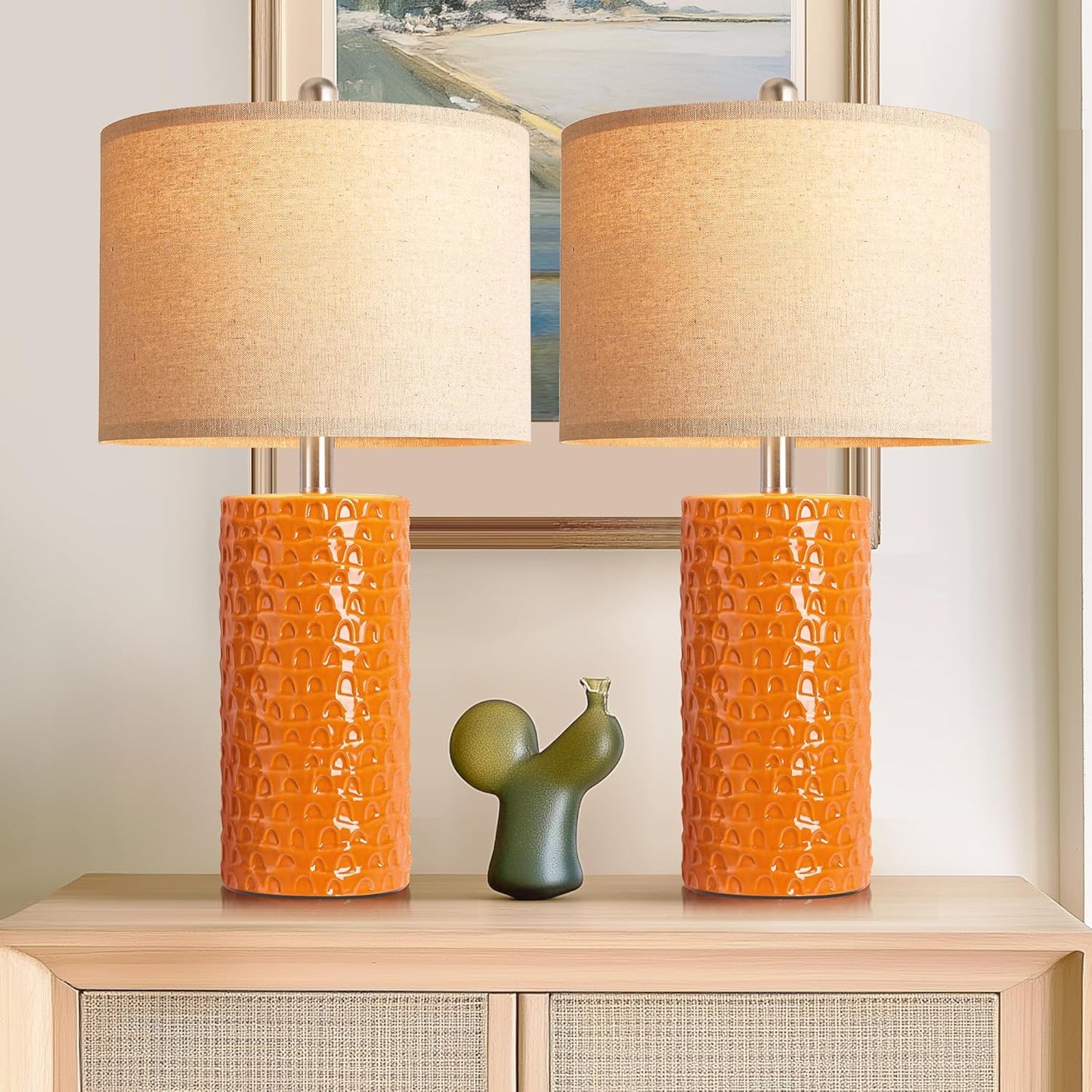 PARTPHONER 23" Modern Ceramic Table Lamp Set of 2, Table Lamps for Living Room, Rustic Farmhouse Bedside Lamps Nightstand lamp for Bedroom, White Desk Lamp for End Table Home Decor Beige